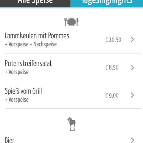 Handy Ansicht Speisekarte